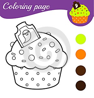 Coloring page with Halloween cupcake. Printable activity for children, kids and toddlers