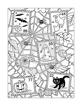 Coloring page with Halloween postage stamps, spiderweb and spiders, candy, falling autumn leaves, pumpkin, black cat, bats, ghosts