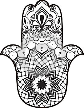 Coloring page with Hamsa with round ethnic pattern