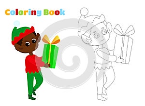 Coloring page. Happy cute elf holds a box with a gift in his hands. The child is very happy.