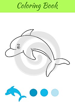 Coloring page happy dolphin. Coloring book for kids. Educational activity for preschool years kids and toddlers with cute animal.