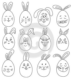 Coloring page happy easter set. Collection easter bunny eggs. Vector characters for Easter.