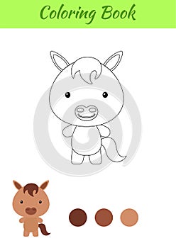 Coloring page happy little baby horse. Coloring book for kids. Educational activity for preschool years kids and toddlers with