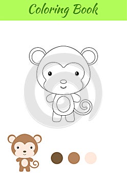 Coloring page happy little baby monkey. Coloring book for kids. Educational activity for preschool years kids and toddlers with