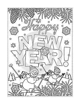 Coloring page with Happy New Year greeting