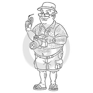 Coloring page with happy tourist, traveler