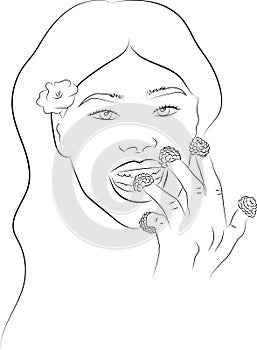Coloring page with happy woman eating raspberries.