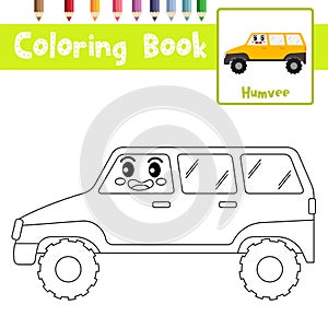 Coloring page Humvee cartoon character side view vector illustration