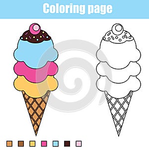 Coloring page with ice cream. Educational children game, printable drawing kids activity