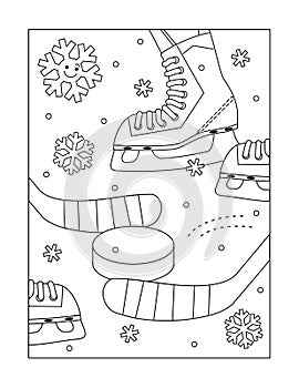 Coloring page with ice hockey sticks, puck and skates
