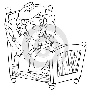 Coloring page with ill girl with fever