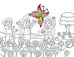 coloring page illustration butterfly playing with three kids in the flower garden