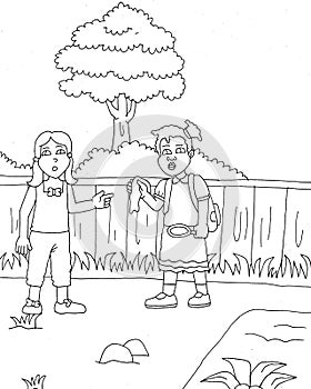 coloring page illustration of a girl looking at something and talk to her friend with a magnifying glass