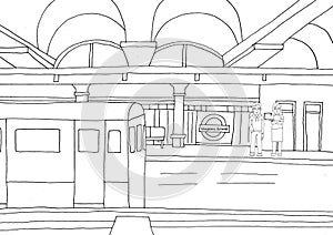 coloring page illustration a man and woman waiting train in the train station