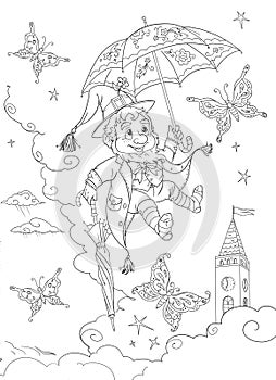 Coloring page illustration of Ole Lukoje with magic umbrella