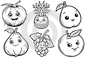 Coloring page illustration of smiling fruits including an coconut, pineapple, mango, fig, grape and orange.