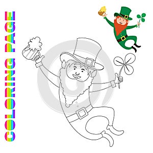 Coloring page with joyful jumping leprechaun