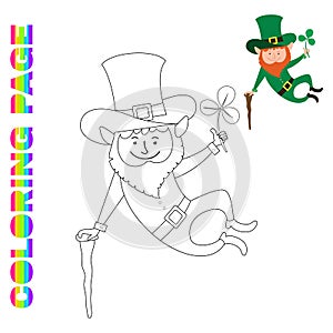 Coloring page with joyful jumping leprechaun