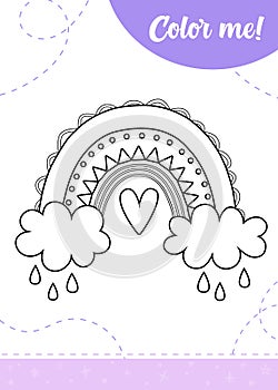 Coloring page for kids with boho rainbow.