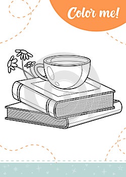 Coloring page for kids with books and cup of tea.