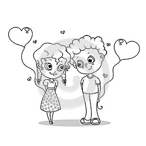 Coloring page for kids with boy and girl giving balloons each other.