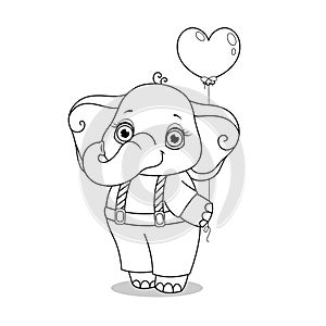 Coloring page for kids with cartoon elephant with balloon in form of heart.