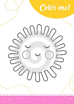 Coloring page for kids with cartoon sun. A printable worksheet, vector illustration.