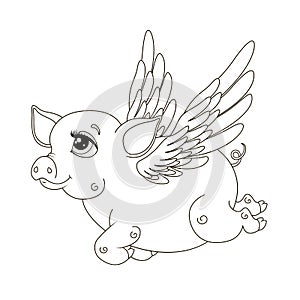 Coloring page for kids with charming pig with wings.