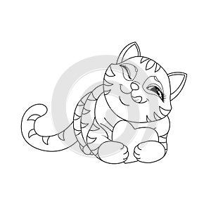 Coloring page for kids with cute cat hugging heart in paws.