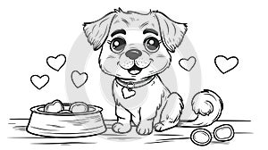 coloring page for kids, cute dog sitting next to his food bowl with heart - black and white