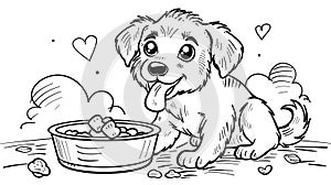 coloring page for kids, cute dog sitting next to his food bowl with heart - black and white