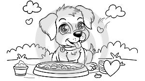 coloring page for kids, cute dog sitting next to his food bowl with heart - black and white