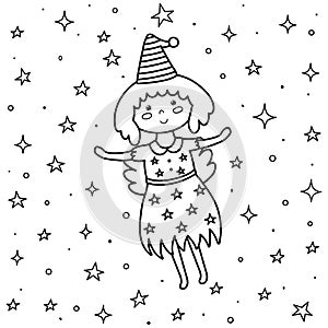 Coloring page for kids with a cute fairy. Fantasy little witch flying in the night sky