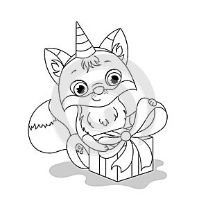 Coloring page for kids with cute little fox opening its present.