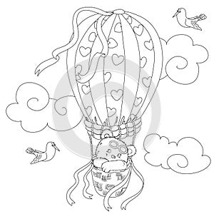 Coloring page for kids with a cute teddy bear flying in a hot air balloon and a funny seagull.