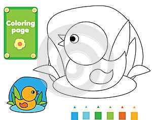 Coloring page for kids. Duck in water. Drawing game activity. Printable fun for toddlers and children. Animals theme