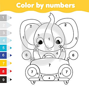 Coloring page for kids. Educational children game. Color by numbers. Cartoon elephant drive car
