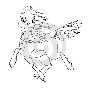Coloring page for kids with funny cartoon horse.