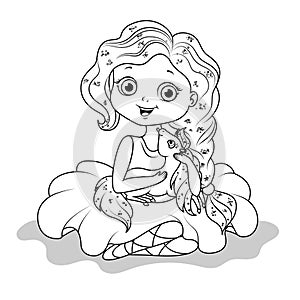 Coloring page for kids with girl with unicorn in arms.