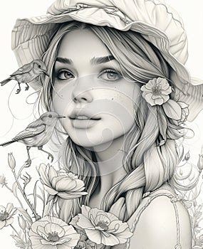Coloring page for kids, the girl who feeds the birds, roses and lilies, cute, beautiful, joyful, cartoon style
