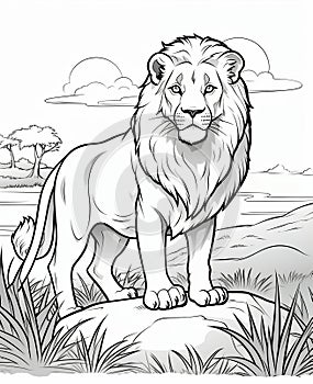 coloring page for kids, illustration of a lion in the savannas photo