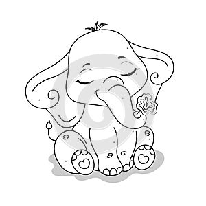 Coloring page for kids with romantic cartoon elephant with rose in trunk.