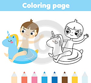 Coloring page for kids with summer holidays theme. Boy having fun on inflatable ring