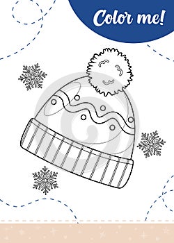 Coloring page for kids with winter hat. A printable worksheet, vector illustration. photo