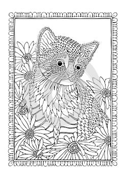 Coloring page with kitten in decorative frame