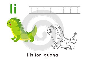 Coloring page with letter I and cute cartoon iguana.