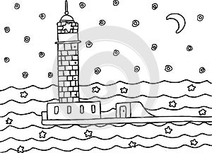 Coloring page with lighthouse in the night sea