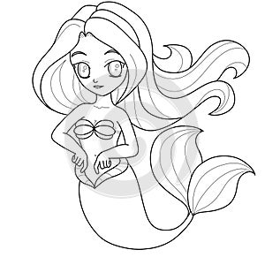 Coloring page line art of cute little mermaid underwater world. Black and white. Vector illustration for coloring book. For design