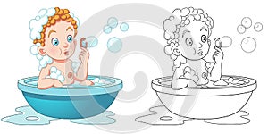 Coloring page with little baby taking bath