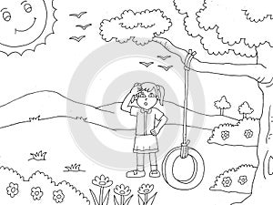 coloring page of a little girl overheating in front of a tire swing